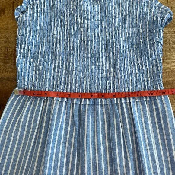 H&M Blue Striped Linen Blend Smocked Jumpsuit Small Beachy Coastal Nautical - Picture 11 of 13